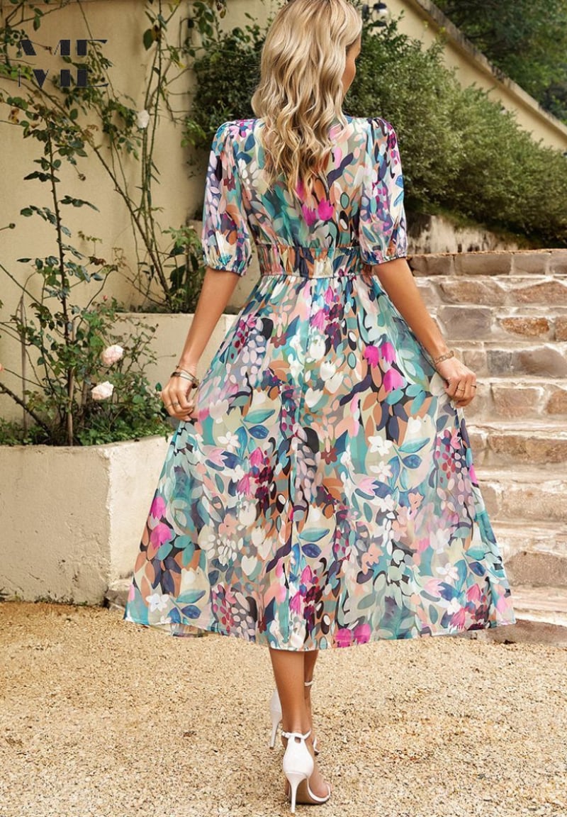 Front view of the Monica floral dress showing delicate botanical pattern and lightweight fabric