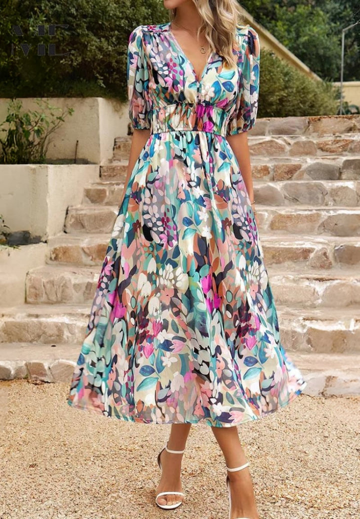 Monica elegant floral dress styled with sandals for a casual daytime brunch look