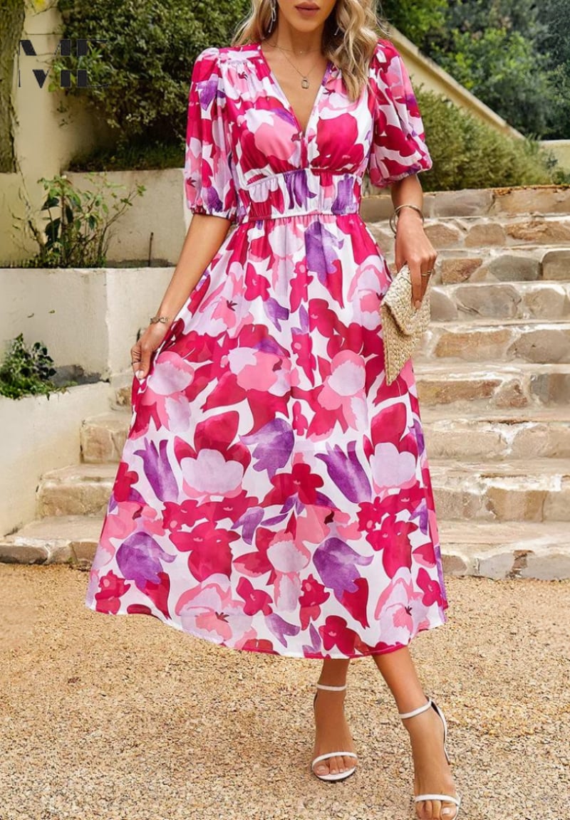 Close-up of the neckline and upper bodice detail on the Monica elegant floral dress