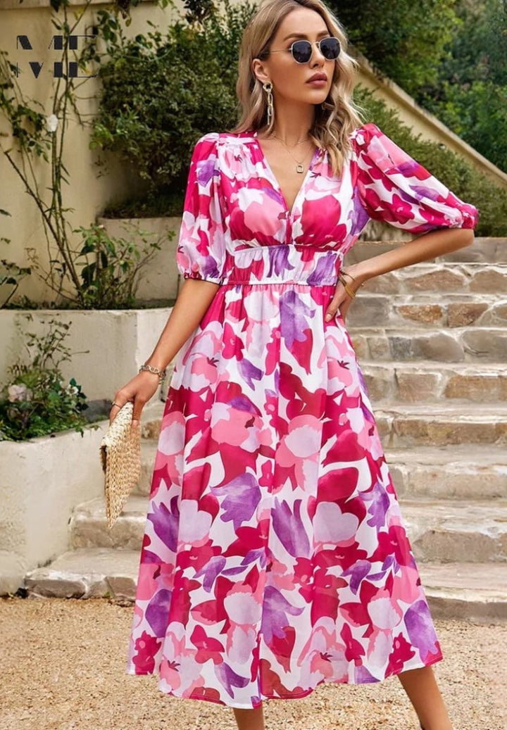 Florimay size guide and fabric care label detail for the Monica elegant floral dress
