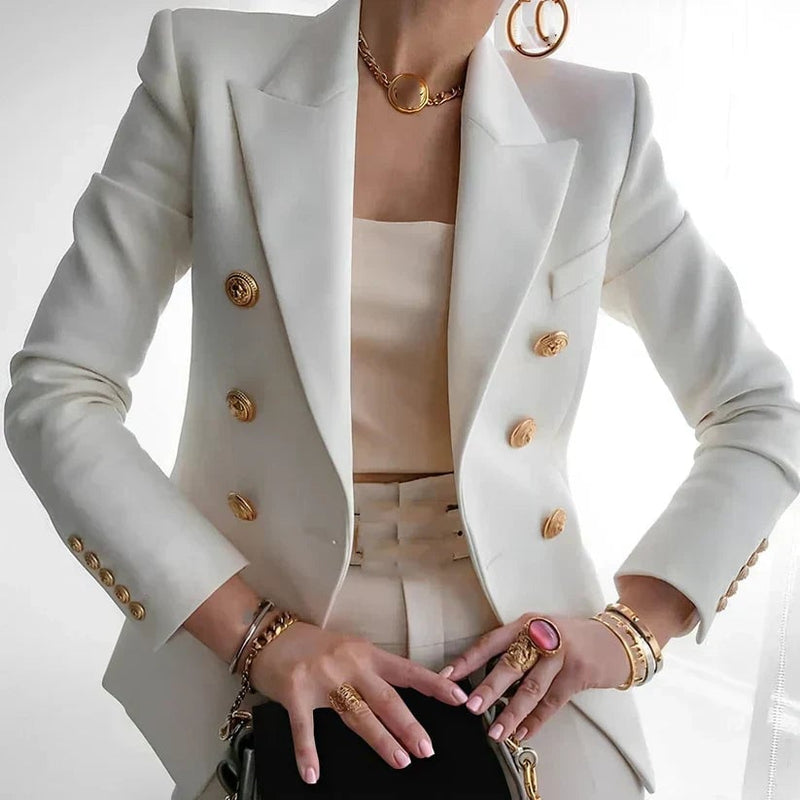 Front view of the Monroe double-breasted blazer showing double rows of embossed gold buttons