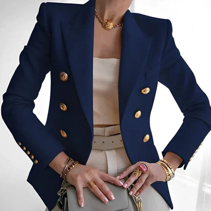 Monroe double-breasted blazer styled over a white tee and jeans for a casual chic look