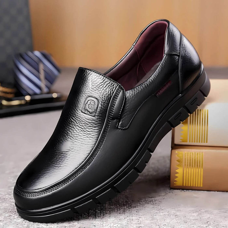 Montford slip-on shoes in cognac displayed at an angle highlighting the refined leather-look upper