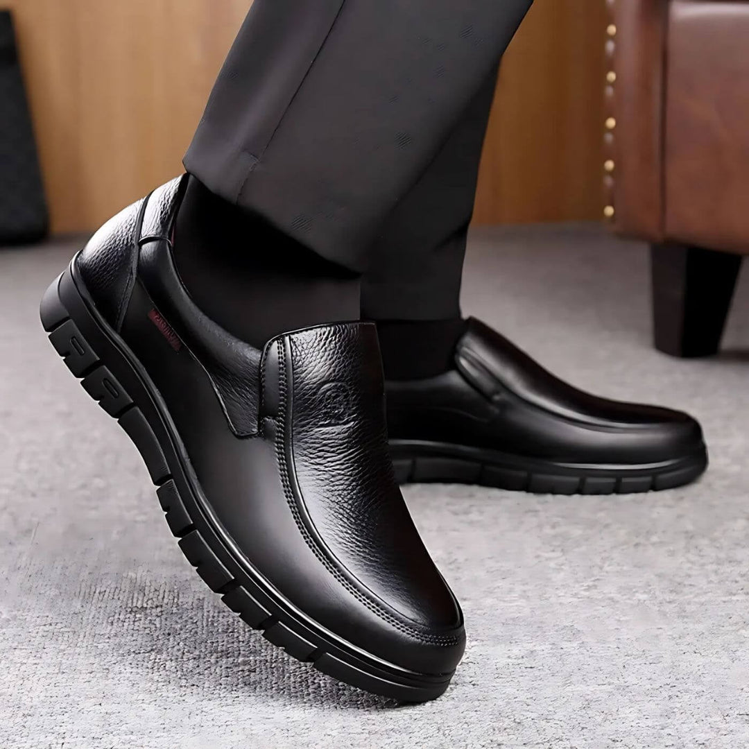 Montford slip-on shoes in black styled with dark trousers for a polished everyday look