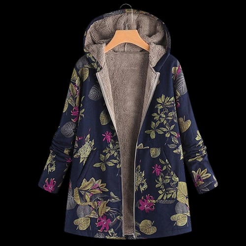 Women's soft coat in navy blue with insulating interior and refined silhouette, shown from the front
