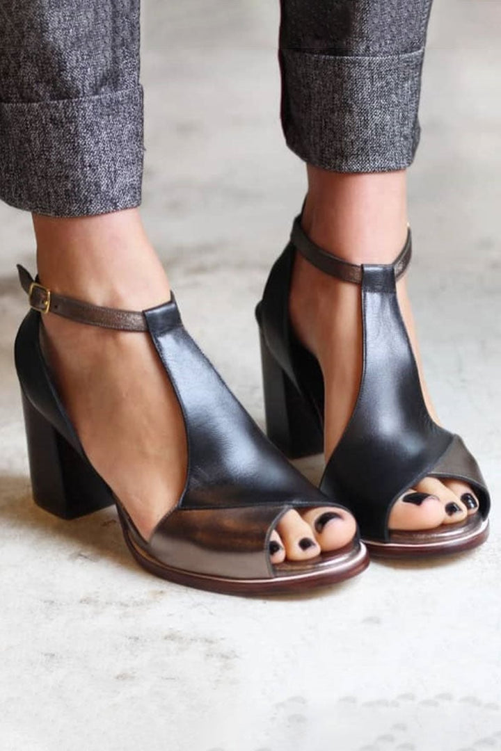 Black patchwork peep toe block heels side profile highlighting ankle strap and stable block heel