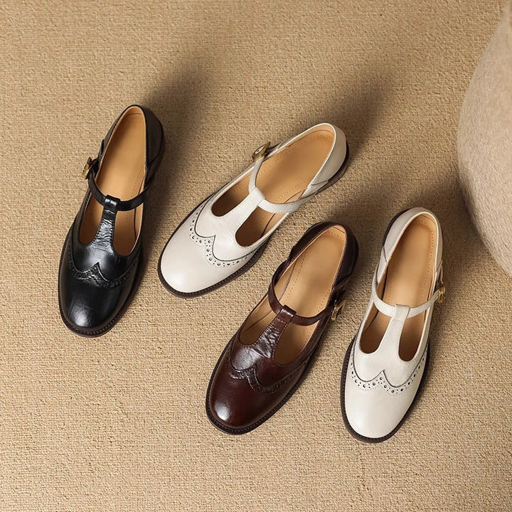 Nadine brown leather T-strap Mary Jane shoes with block heel, front three-quarter view