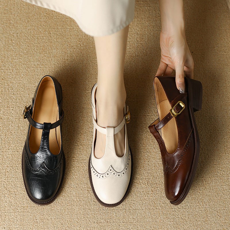 Nadine brown leather Mary Jane shoes, side view showing T-strap buckle and block heel