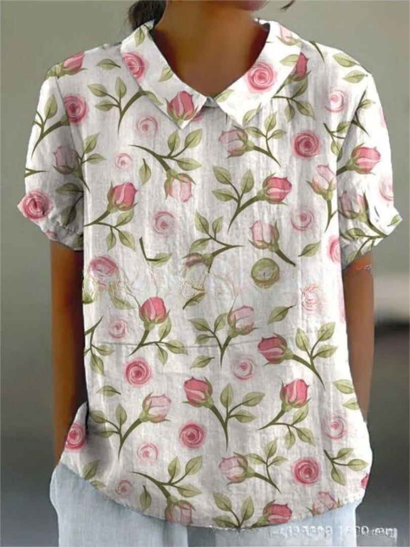 Side view of the floral shirt showing the relaxed, easy drape and airy fabric construction