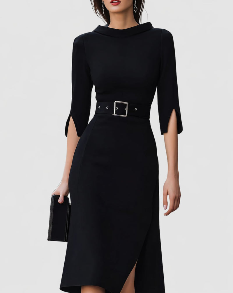 Woman wearing a black belted mock neck midi dress with split elbow-length sleeves and an asymmetric wrap hem, front view