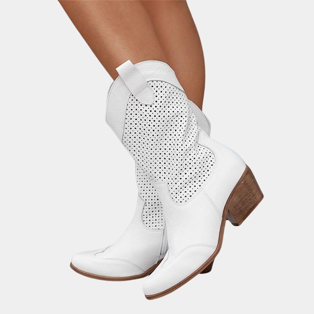Front view of Natalie cowboy style orthopedic boots in beige with Western stitching detail