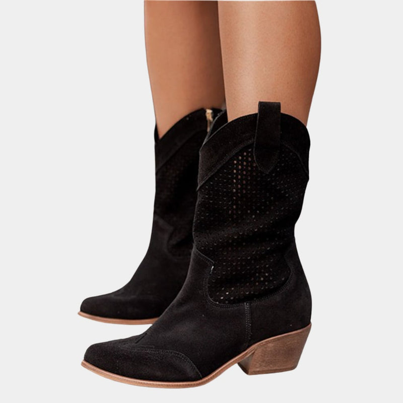 Close-up of Western stitching and breathable upper material on Natalie cowboy boots in white