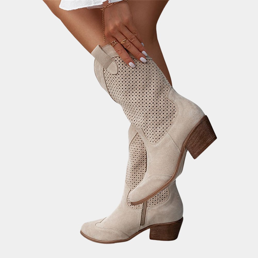 Pair of brown Natalie orthopedic cowboy boots shown from a three-quarter angle