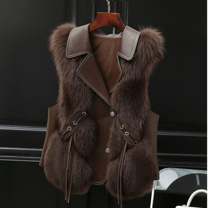 Model wearing the Natalie plush faux fur vest in beige over a white blouse, front view