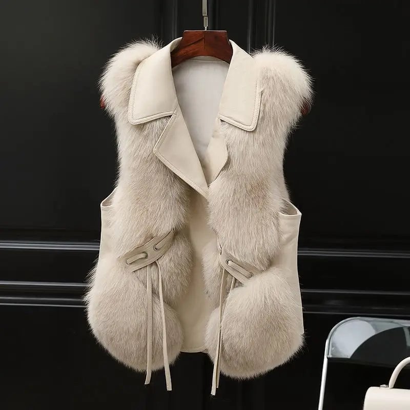 Close-up of the soft plush texture detail on the Natalie elegant vest in brown