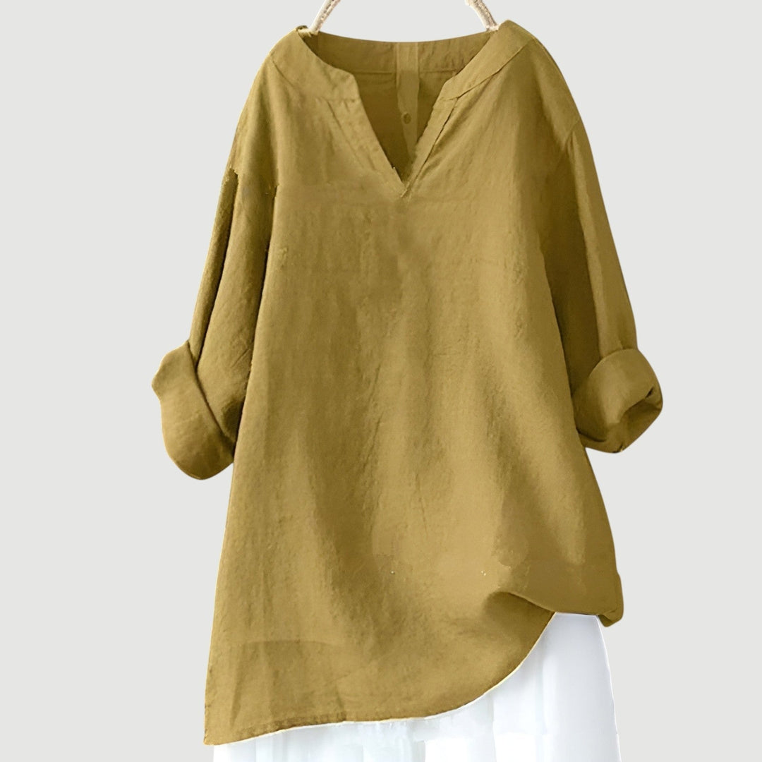 Front view of the relaxed-fit women's top showing flattering silhouette and easy movement