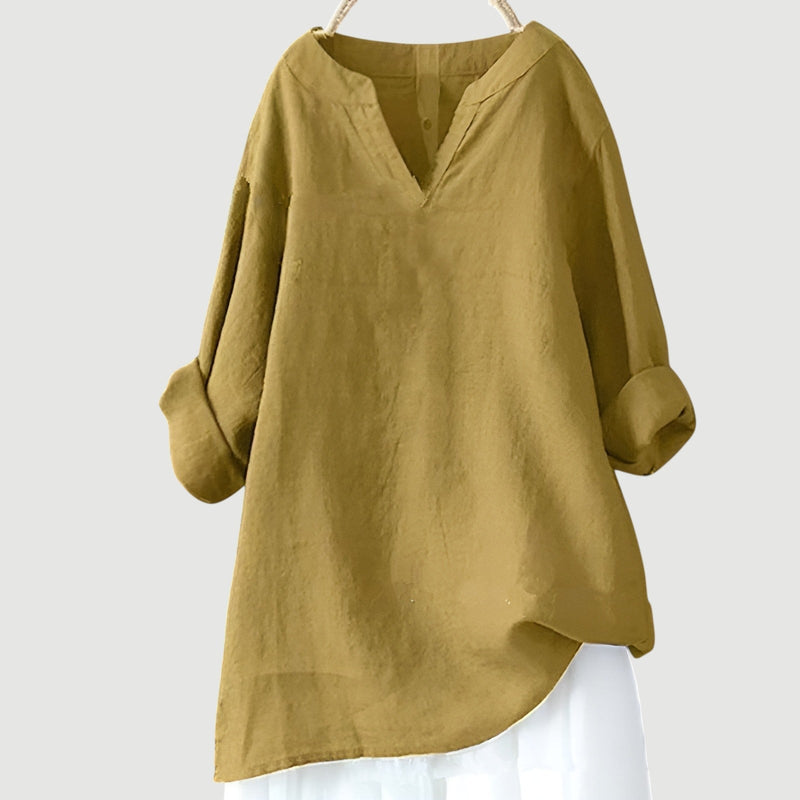 Front view of the relaxed-fit women's top showing flattering silhouette and easy movement