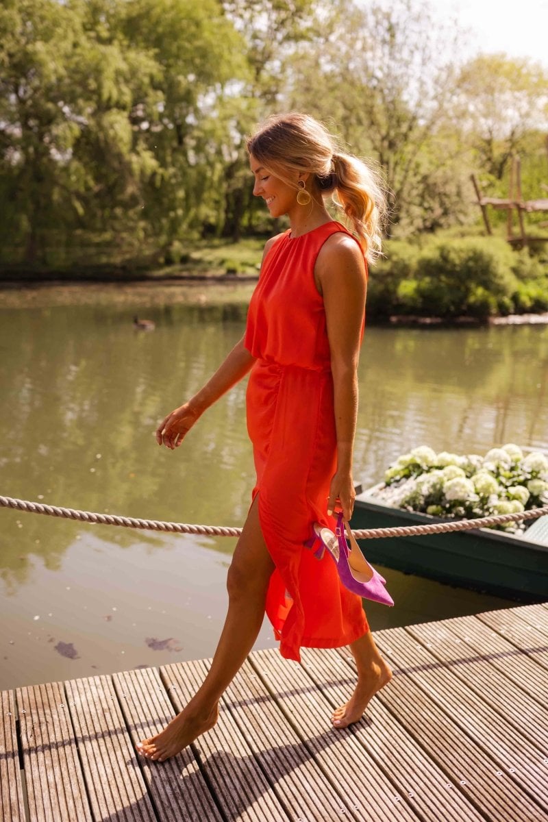 Close-up of the Nicole summer midi dress fabric and neckline detail