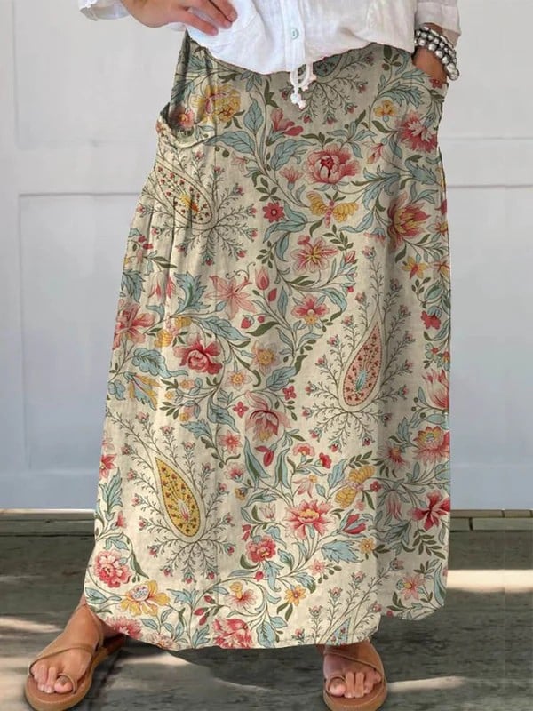 Beige vintage floral A-line pocket skirt with elastic waist, shown in full length against a neutral background