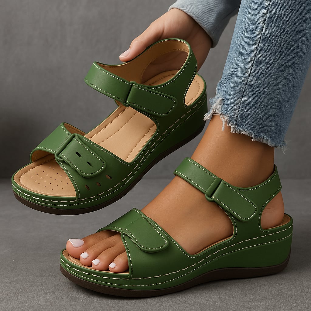 Nina orthopedic wedge sandals in green with adjustable straps and cushioned footbed