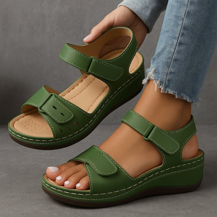 Nina orthopedic wedge sandals in green with adjustable straps and cushioned footbed