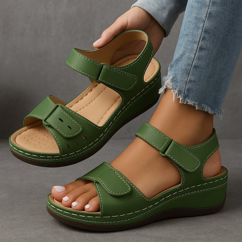 Nina orthopedic wedge sandals in green with adjustable straps and cushioned footbed