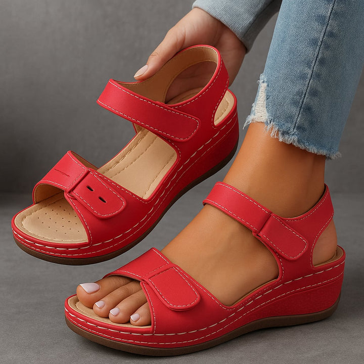 Nina wedge sandals in blue styled with a casual summer outfit