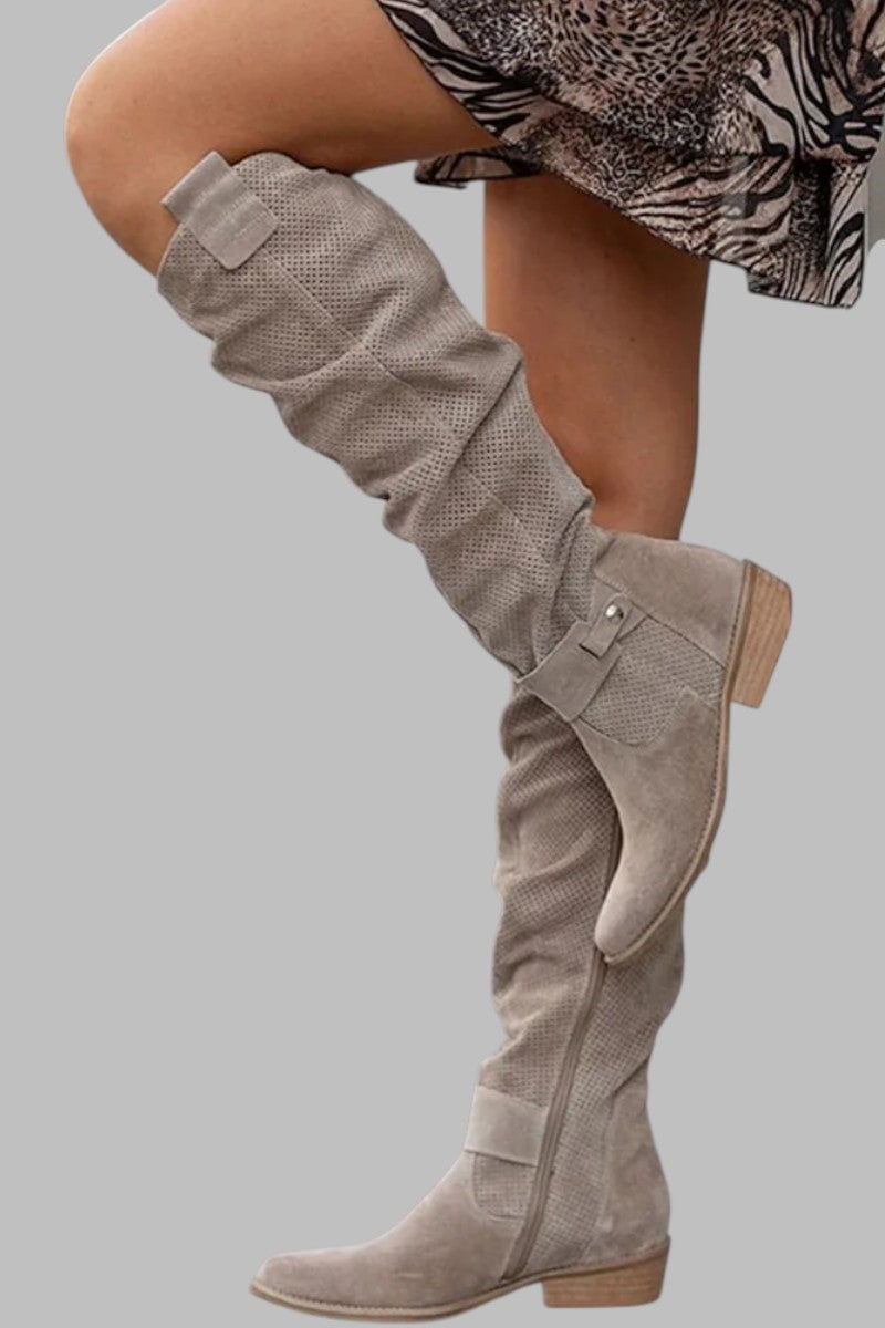 Nina khaki suede boots with ankle-to-mid-calf silhouette shown from the front on a neutral background