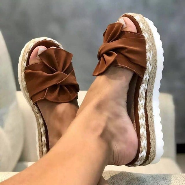 Nina woven wedge sandals in yellow and brown color options, flat lay overhead view