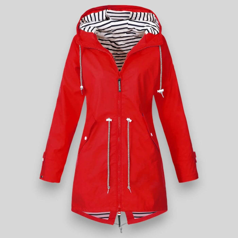 Woman in a yellow waterproof jacket walking outdoors in light rain