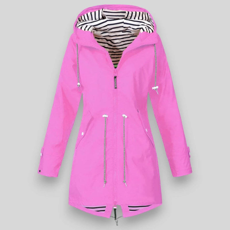 Back view of a red waterproof jacket showing adjustable waist and hood drawstrings