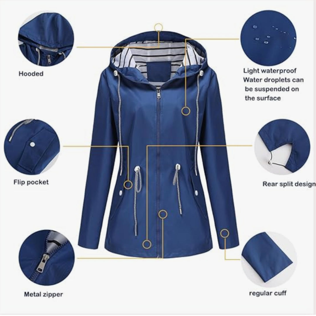 Woman layering a bright blue waterproof jacket over casual everyday outfit