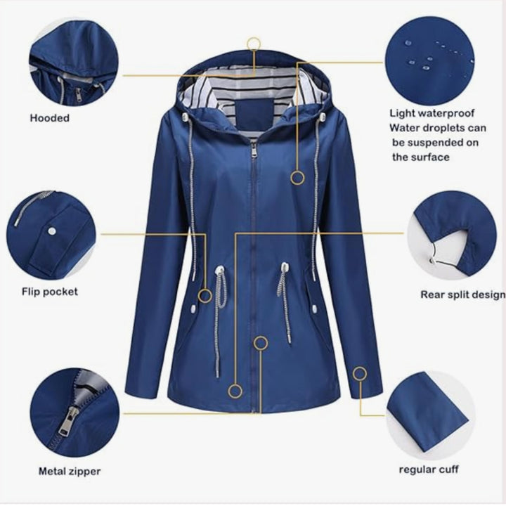 Woman layering a bright blue waterproof jacket over casual everyday outfit
