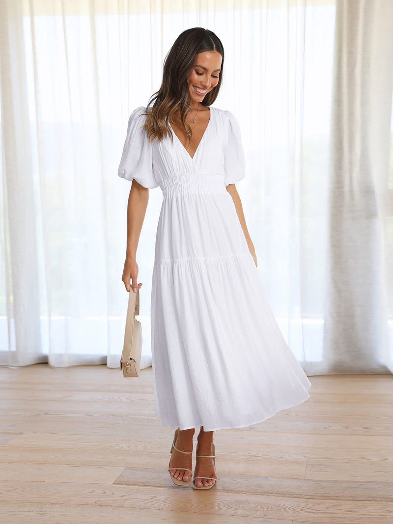 Noelle pink V-neck puff sleeve smocked waist midi dress, front view