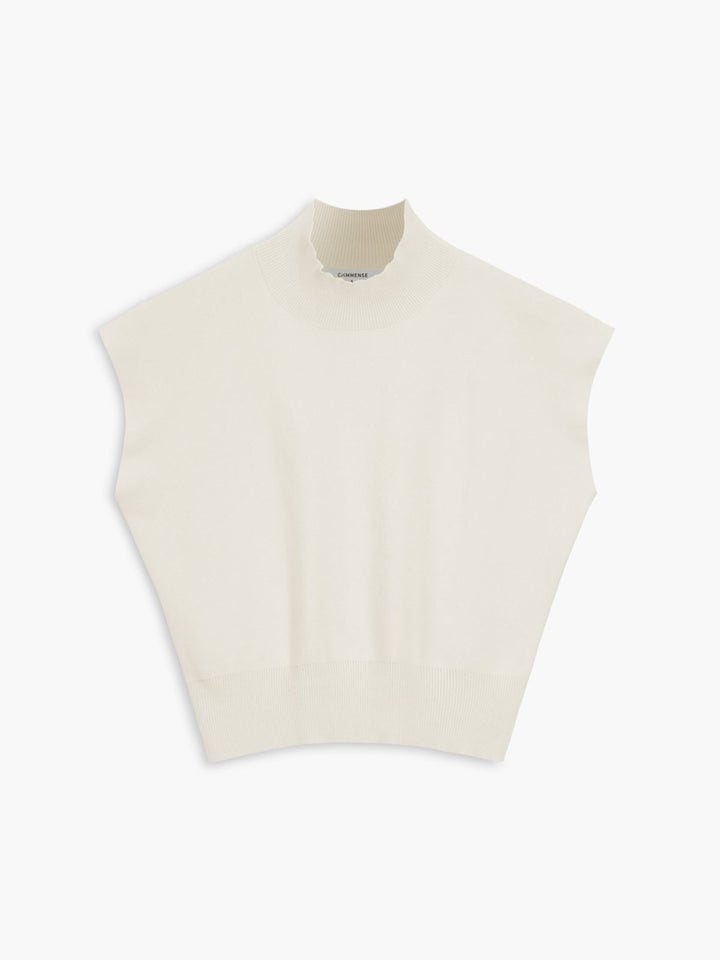 Close-up of padded shoulder detail on the Noira sleeveless knit top in black
