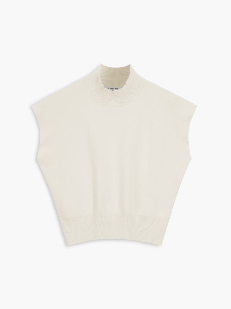 Close-up of padded shoulder detail on the Noira sleeveless knit top in black