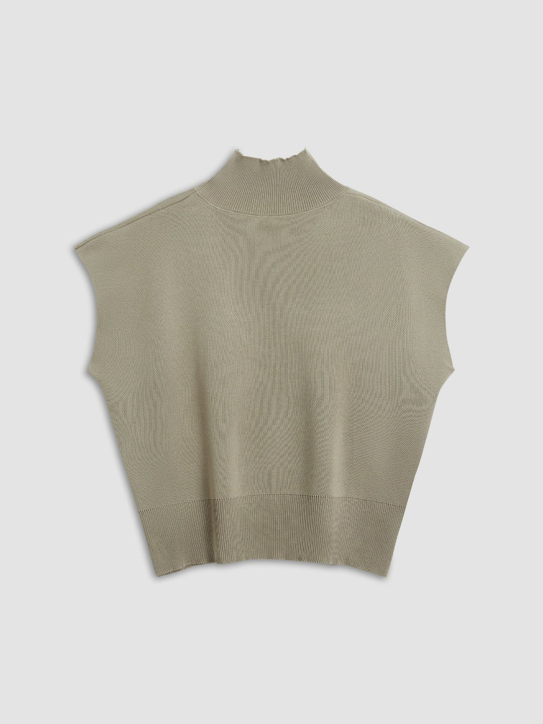 Noira sleeveless knit top in light grey, front view on model