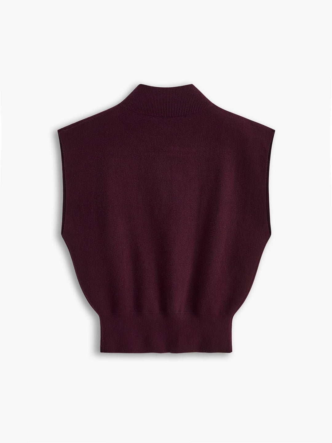 Noira mock neck sleeveless knit top in dark brown, front view on model