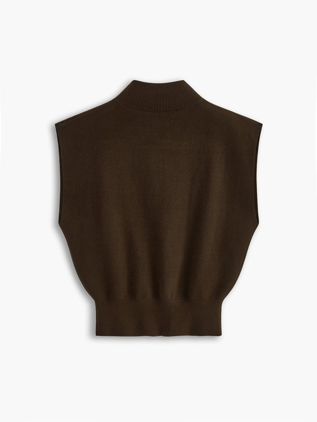 Back view of the Noira sleeveless mock neck top in dark brown on model