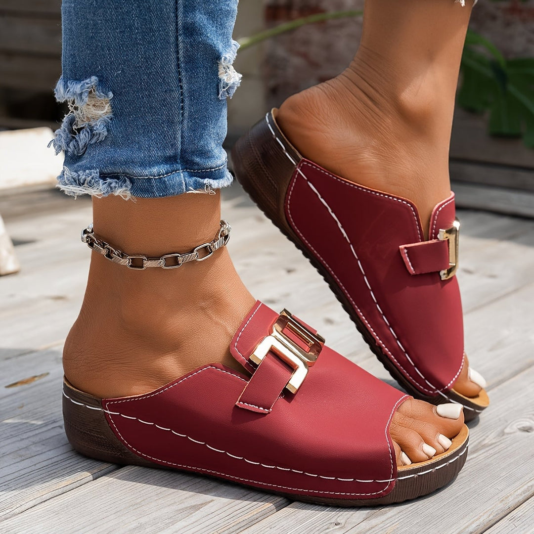 Nola women's sandal in crimson, top-down view highlighting strap detail