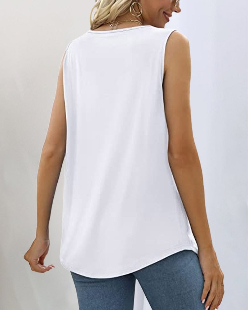 Side profile of a model wearing a peach sleeveless top with square neckline