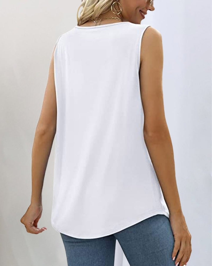 Side profile of a model wearing a peach sleeveless top with square neckline
