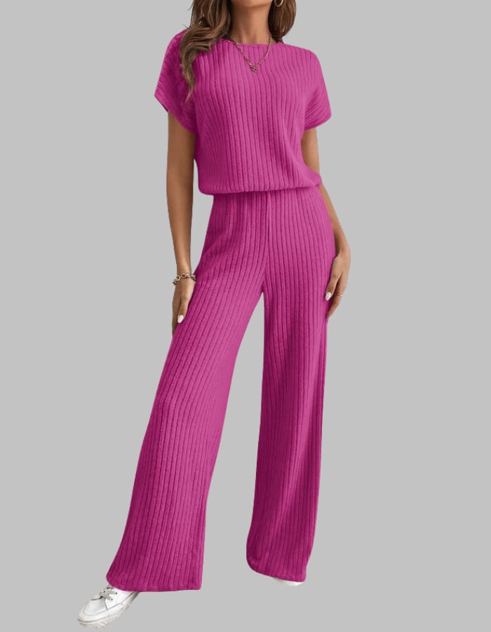 Front view of the Nora ribbed wide-leg pants and matching top in green