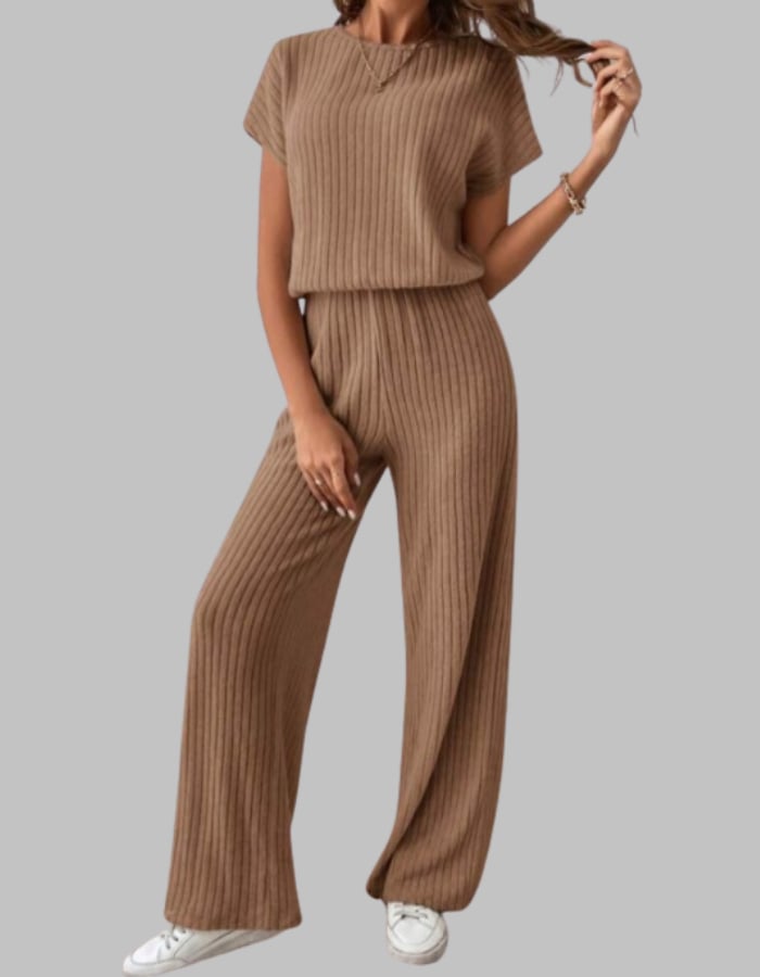 Close-up of the vertical rib texture on the Nora two-piece set top in rose red