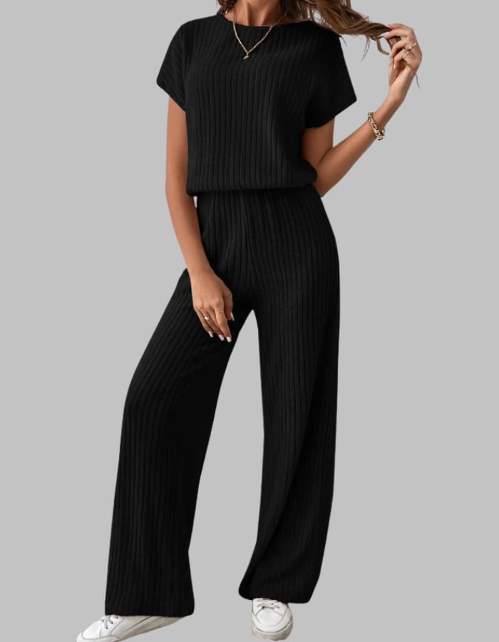 Back view of the Nora ribbed two-piece set in brown highlighting the wide-leg pant fit