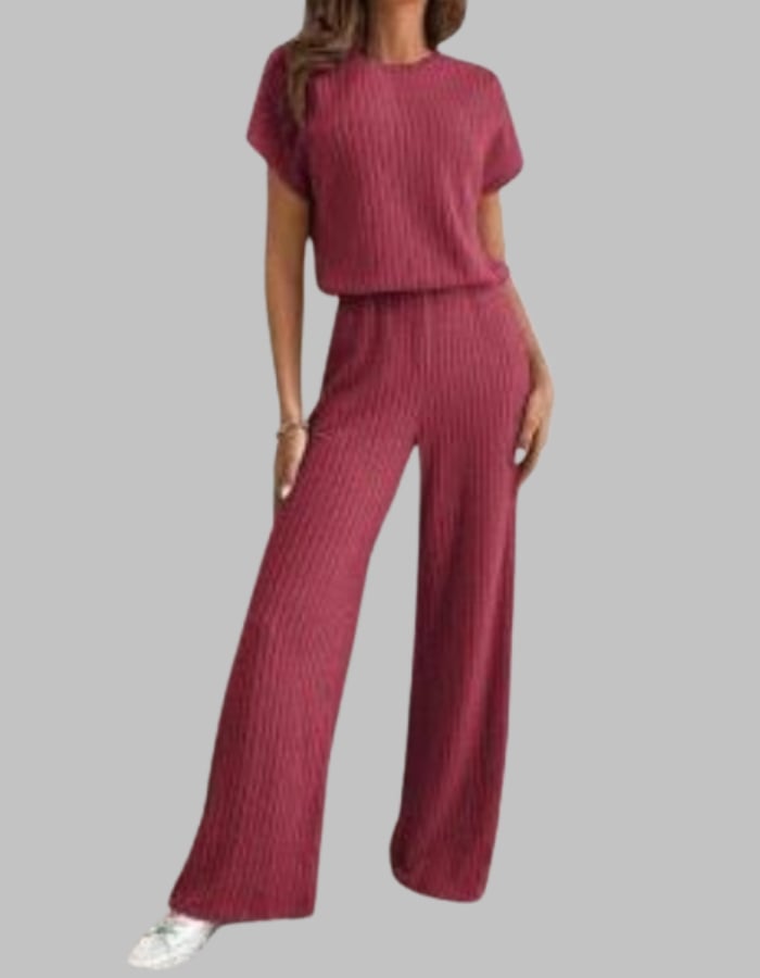 Flat lay of the Nora ribbed short sleeve top and wide-leg pants in red