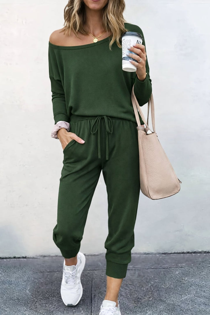 Close-up of the Effortless Chic Two-Piece Lounge Set showing the off-shoulder neckline and elasticated jogger cuffs