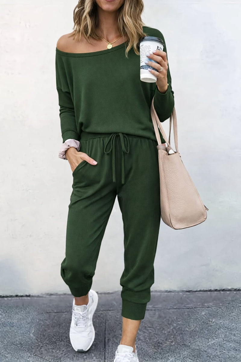 Close-up of the Effortless Chic Two-Piece Lounge Set showing the off-shoulder neckline and elasticated jogger cuffs