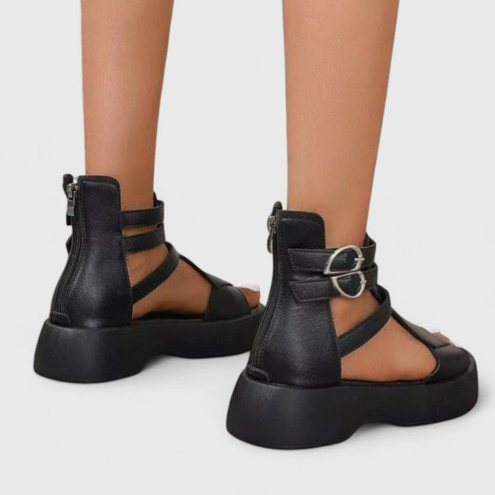 Nova brown open toe platform sandals styled with casual outfit, three-quarter view