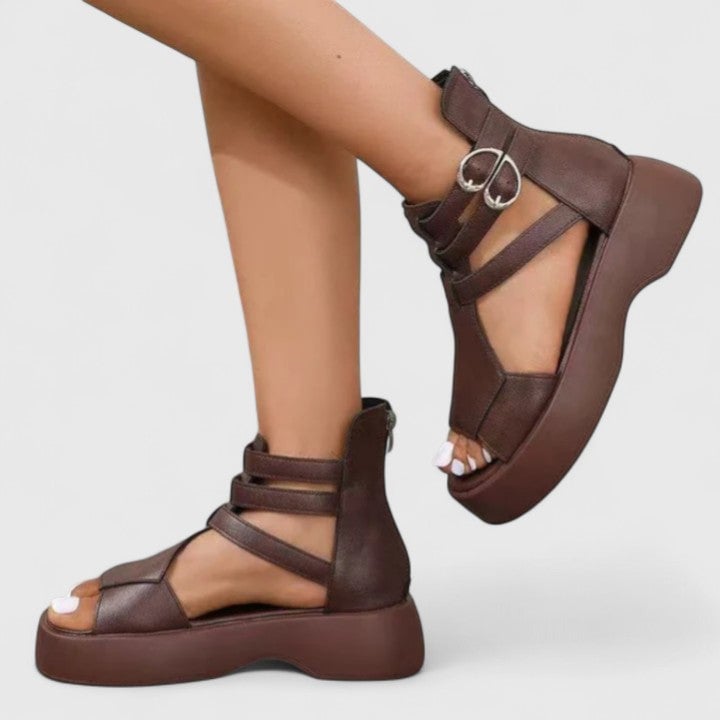 Nova women's platform sandals in all three colors — black, brown, and white — flat lay comparison